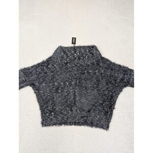 Express Sweater‎ Womens XS Gray Fuzzy Eyelash Cropped Dolman Mock Neck Pullover